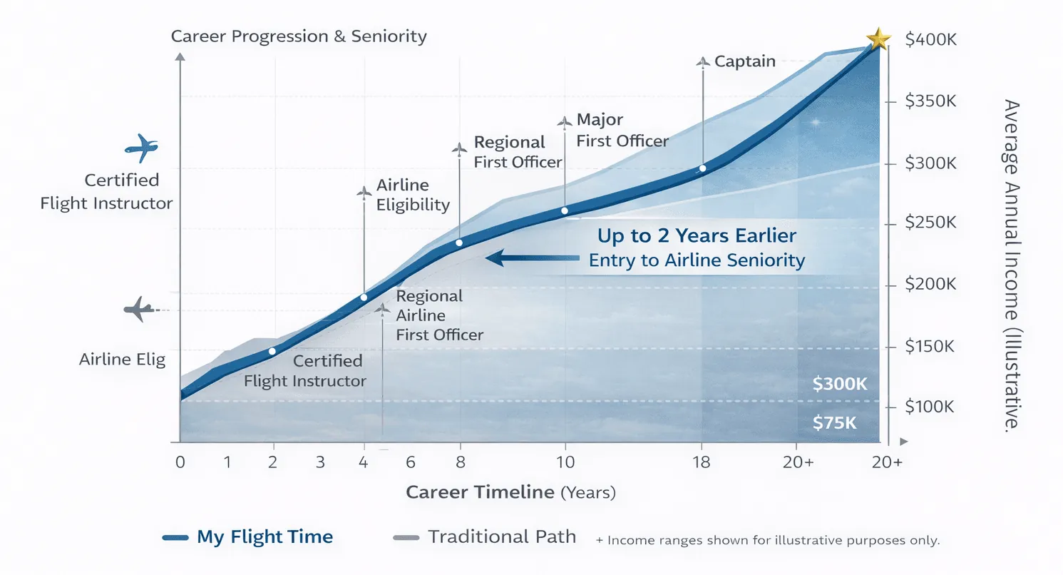 Pilot career progression chart from private pilot through airline first officer
